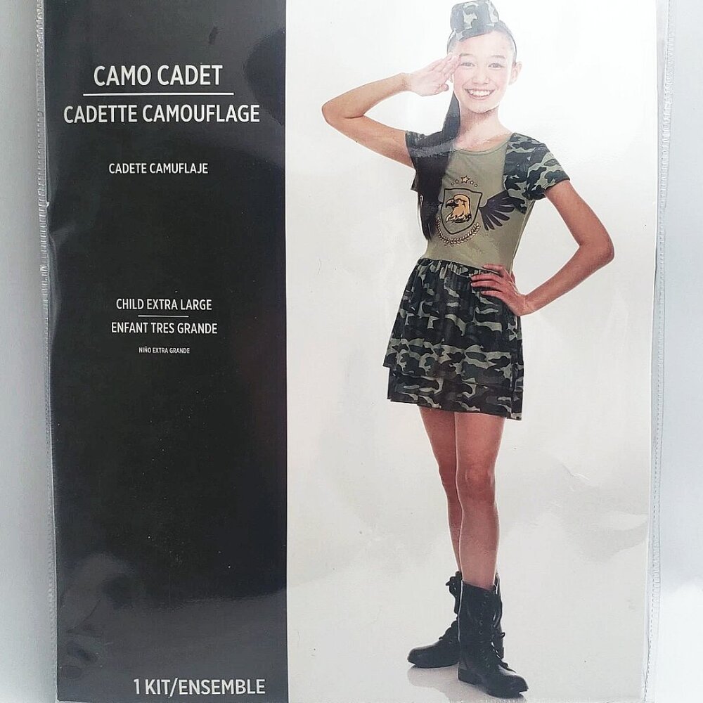 NEW GIRL'S CAMO CADET COSTUME XL DRESS & HAT HEADBAND ARMY MILITARY COSPLAY
